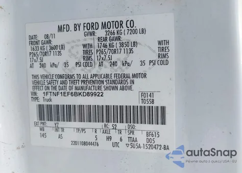 2011 Ford F-150 Xl z USA, uszkodzony, nr VIN 1FTNF1EF6BKD89922